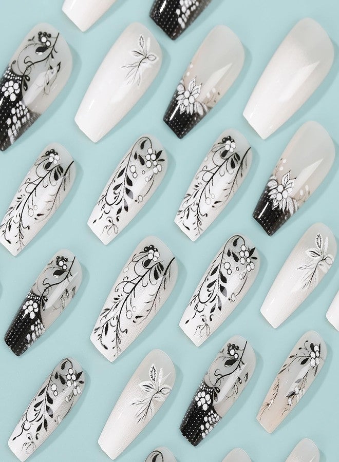 CJDLTS Press on Nails Medium Length Ballet Shaped Black Branches Pattern Design Glossy Medium Acrylic False Nail Full Cover Artificial Press Ons Stick on Nail French Glue on Nails for Women 24Pcs - Image 3